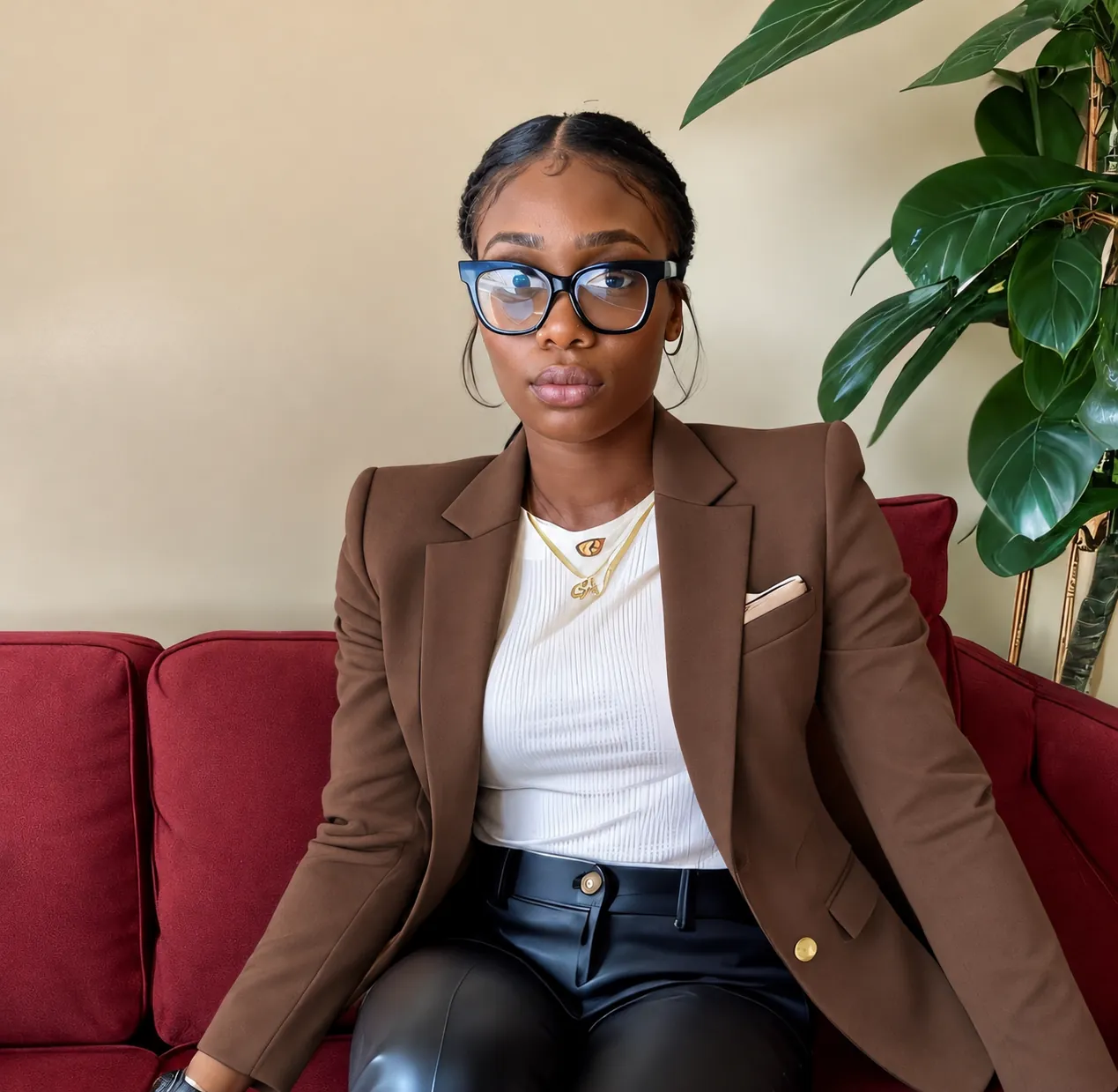 Jaliyah Spencer, founder and owner of A Brighter Legacy, seated on a burgundy sofa in a brown blazer and glasses